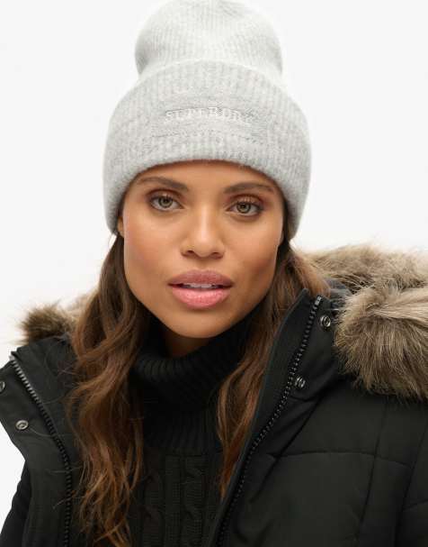 Superdry Soft rib knit beanie hat in chalk grey marl - view 1