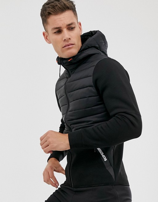 Superdry Sport gymtech hybrid hooded sweat jacket in black