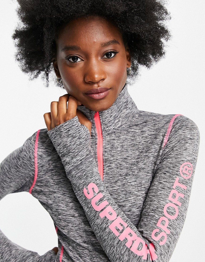 Superdry Sport performance reflective half zip top with pink logo in gray and black heather