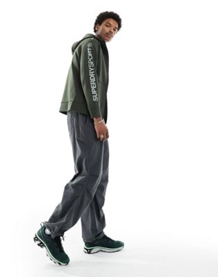 Superdry Sport tech logo loose zip hoodie in army khaki-Green