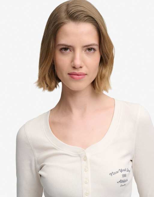 Superdry sportliches Button-down-Langarmoberteil in Wollweiß, 3 von 6