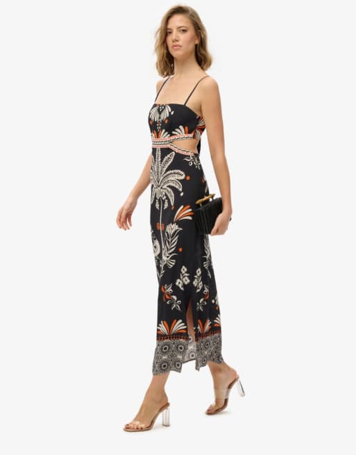 Superdry – Statement-Maxikleid in Jungle Fever Black mit Cut-out