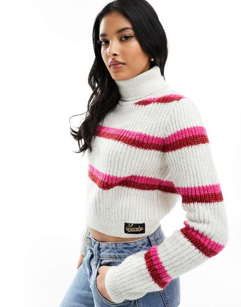 Superdry stripe crop roll neck in Pink Yarrow Stripe - view 1