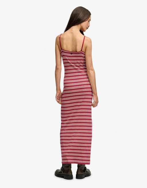 Superdry Stripe ribbed jersey maxi dress in bordeaux red stripe, 2 of 6
