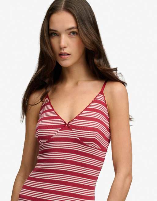 Superdry Stripe ribbed jersey maxi dress in bordeaux red stripe, 3 of 6