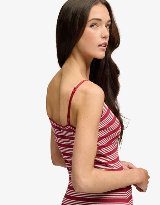 Superdry Stripe ribbed jersey maxi dress in bordeaux red stripe, 5 of 6