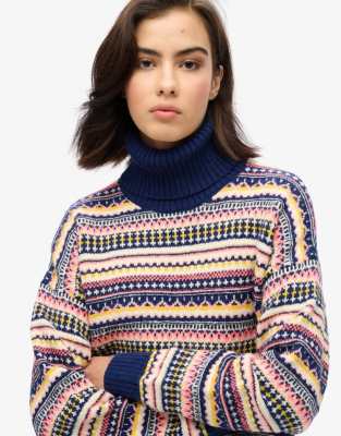 Superdry - Strukturierter Strickpullover in Winter-Marineblau mit mehrfarbigem Streifenmuster