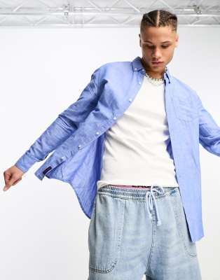 Superdry – Studio – Langärmliges Leinenhemd in Blau