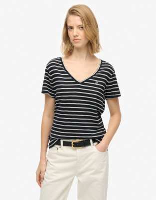 Superdry - Studios - Besticktes T-Shirt in Marineblau und Optic-Weiß mit feiner Noppenstruktur