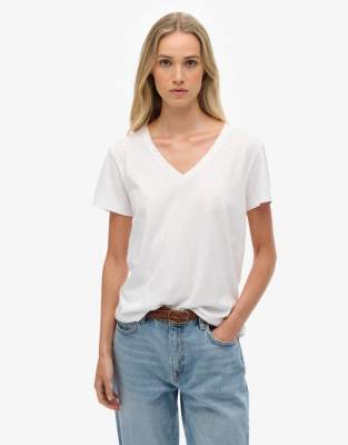 Superdry - Studios - Besticktes T-Shirt in optischem, meliertem Weiß