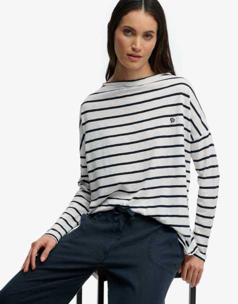 Superdry Studios boat neck slub long sleeve top in optic/eclipse navy stripe - view 1