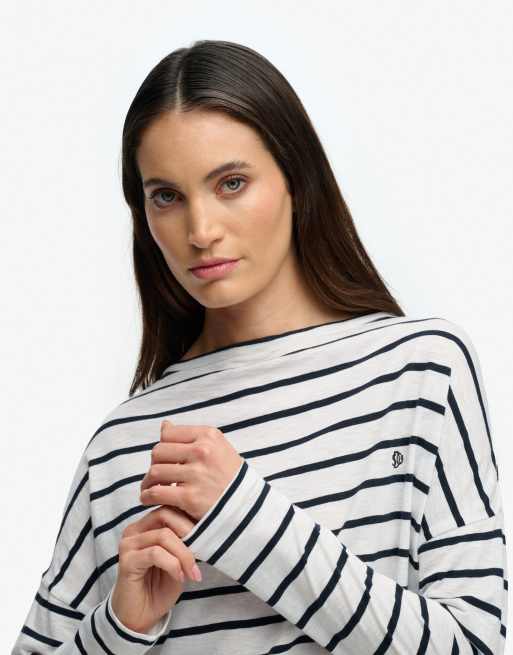 Superdry Studios boat neck slub long sleeve top in optic/eclipse navy stripe, 2 of 6