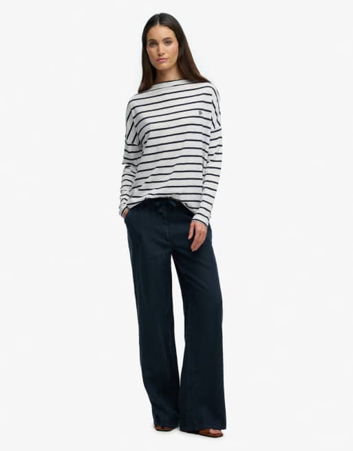 Superdry Studios boat neck slub long sleeve top in optic/eclipse navy stripe, 3 of 6