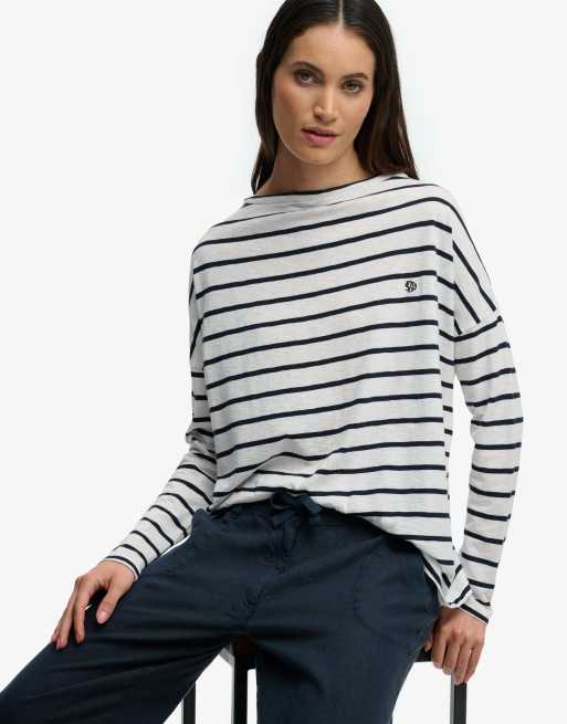 Superdry Studios Oberteil mit U-Boot-Ausschnitt, Slub, langärmelig, in Marineblau mit Optic/Eclipse-Streifen, 4 von 6