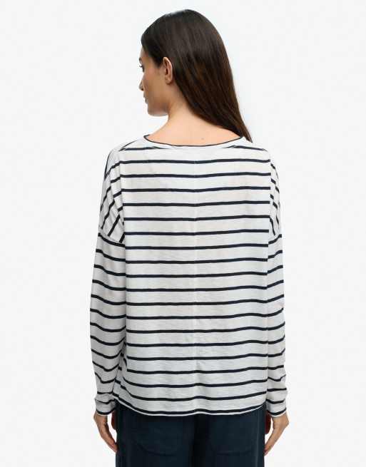 Superdry Studios Oberteil mit U-Boot-Ausschnitt, Slub, langärmelig, in Marineblau mit Optic/Eclipse-Streifen, 5 von 6