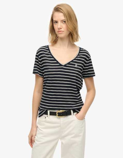 Superdry Studios slub embroidered t-shirt in navy/optic stripe