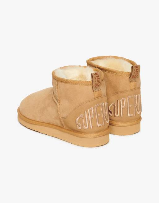 Superdry Suede sherpa mini boots in light tan