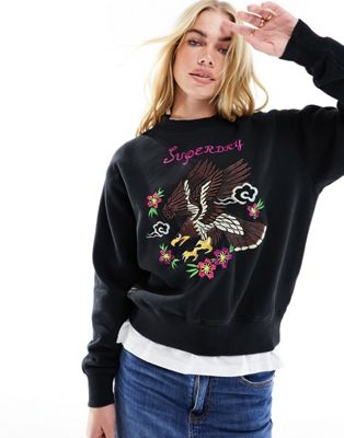 Superdry suika embroidered loose sweat shirt in Jet Black