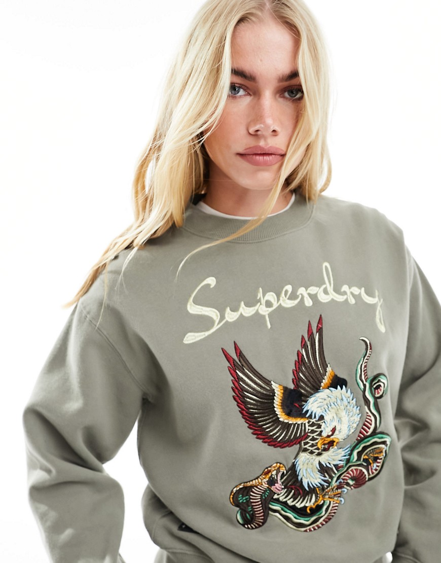 Superdry suika embroidered loose sweat shirt in Light Khaki Green