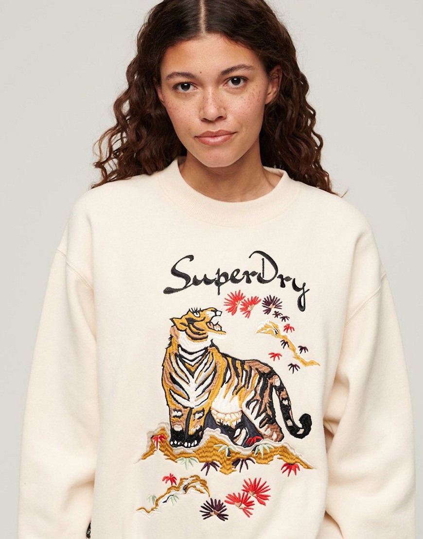 Superdry Suika embroidered loose sweatshirt in oatmeal beige-White
