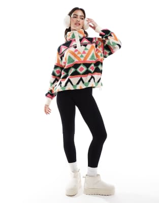 Superdry Super soft printed henley jumper in cream terry print-Multi