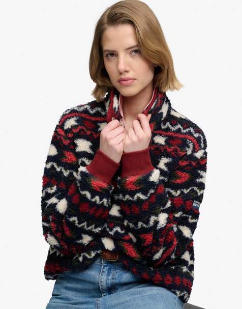 Superdry Super soft printed teddy fleece in burgundy mini aztec aop - view 1