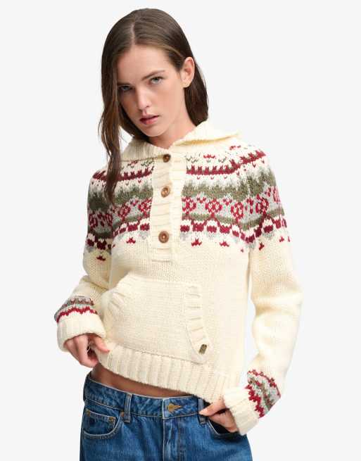 Superdry sweat à capuche Fairisle à demi-boutonnage en écru multicolore, 1 de 6