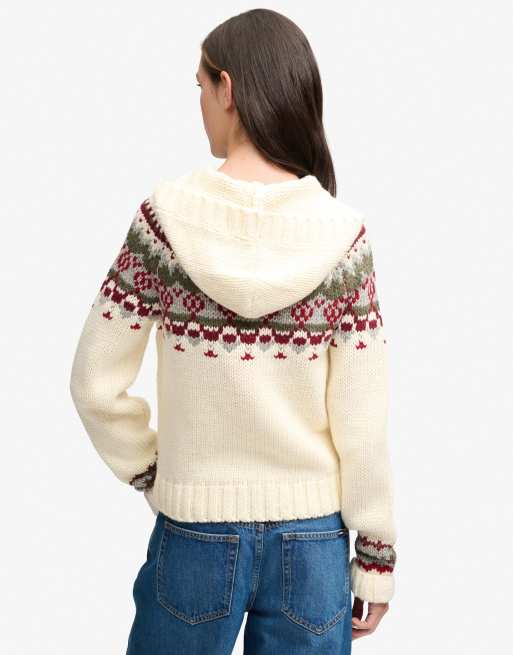 Superdry sweat à capuche Fairisle à demi-boutonnage en écru multicolore, 2 de 6