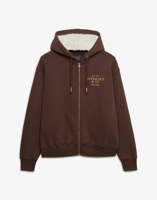 Superdry sweat à capuche zippé doublé en faux-fur Luxe marron châtaigne, 6 de 6