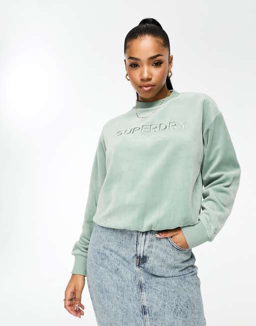 Superdry - Sweat coupe carrée en velours avec motif graphique et col ras de cou - Vert jade