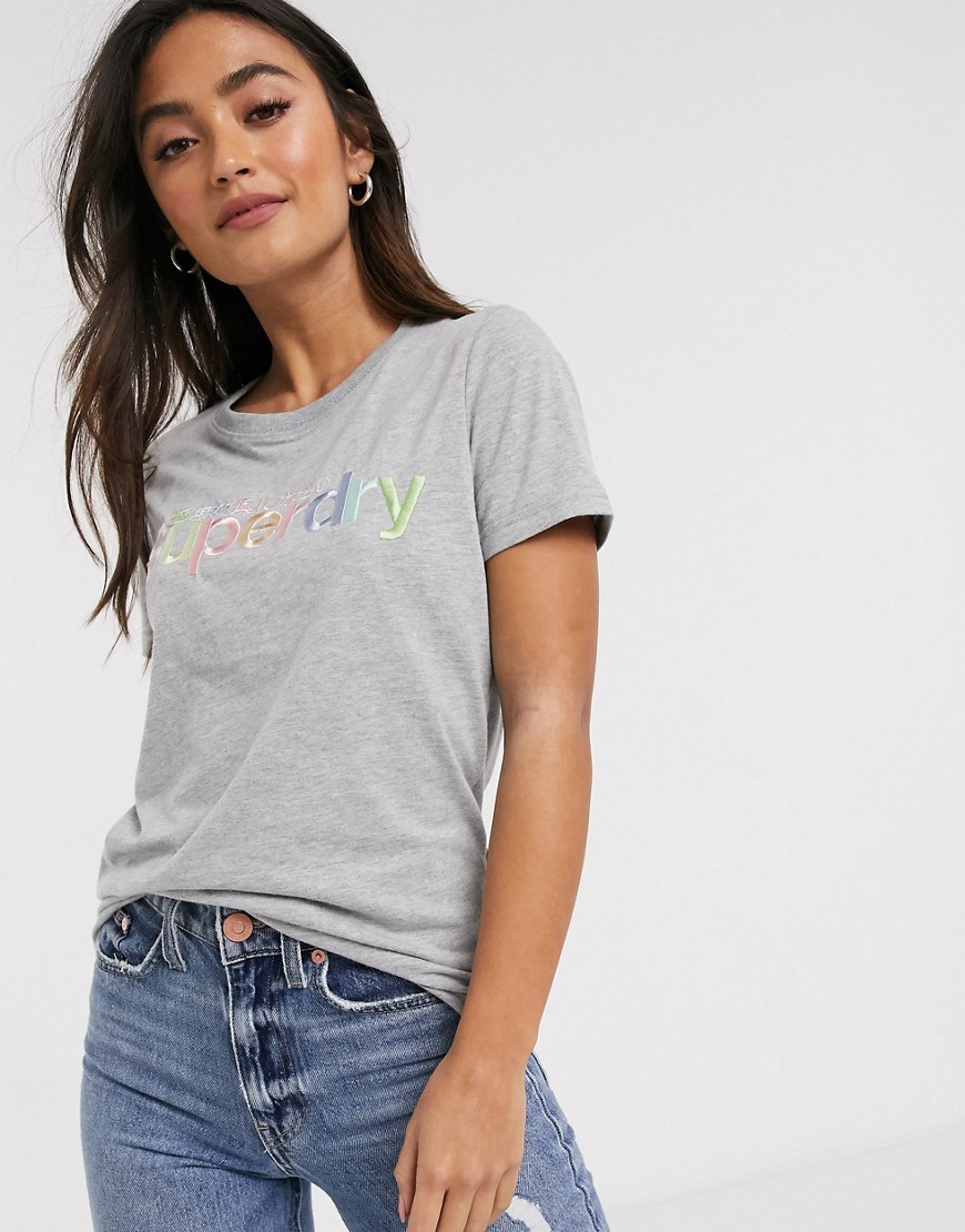 Superdry - T-shirt classica con logo arcobaleno-Grigio