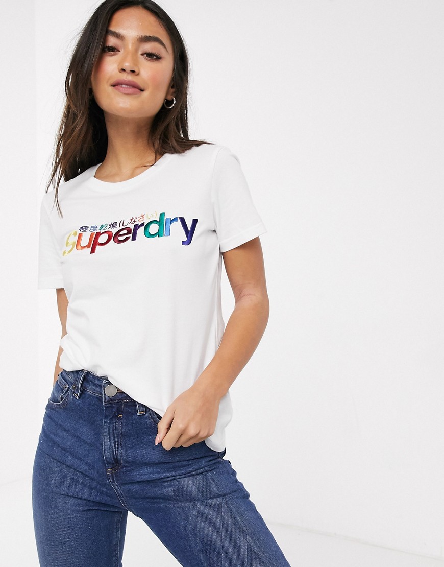 Superdry - T-shirt con logo arcobaleno-Bianco