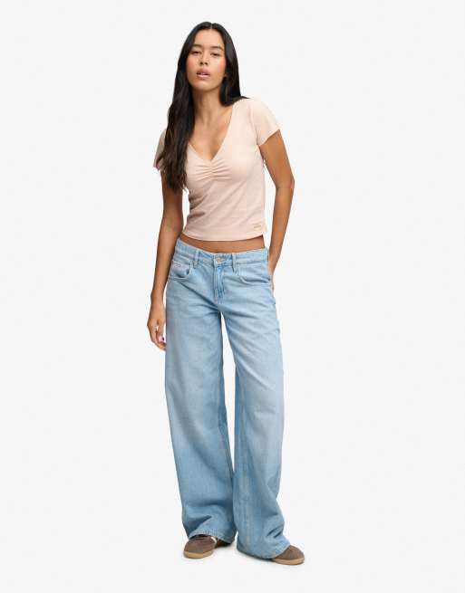 Superdry t-shirt crop col V froncé rose blush, 4 de 6