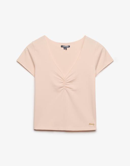 Superdry t-shirt crop col V froncé rose blush, 6 de 6