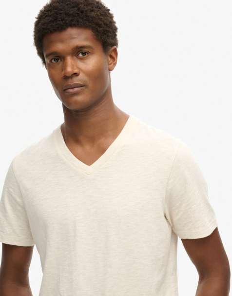 Superdry - T-shirt effet flammé à col V et manches courtes - Crème grège chiné - view 1