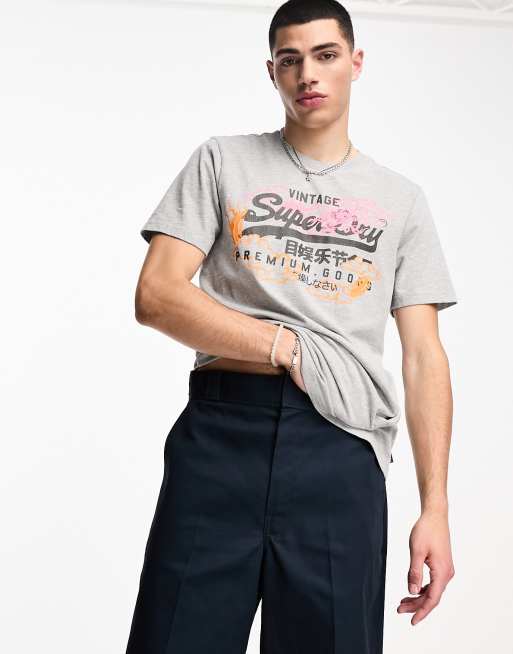 Superdry - T-shirt grigia con logo e stampa grafica stile vintage