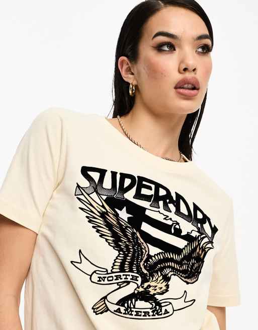 Superdry – T-Shirt in Hafer-Weiß mit schlichtem Band-Grafikprint im 70er-Stil