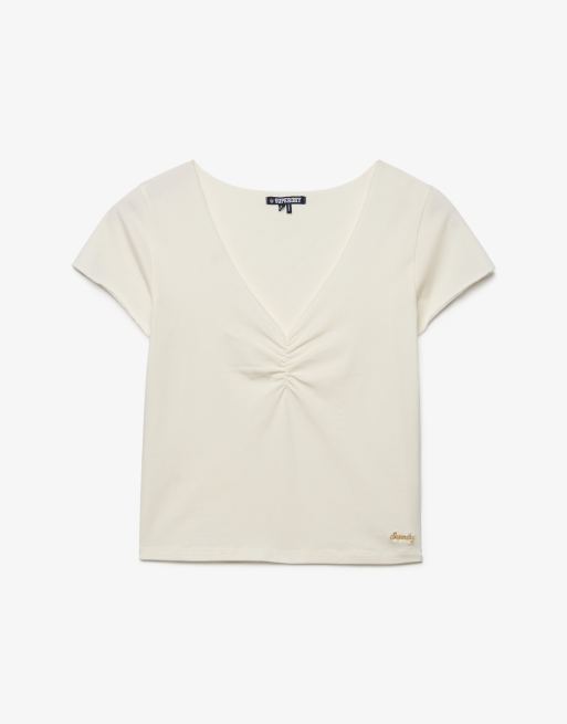 Superdry T-Shirt mit V-Ausschnitt und Raffungen in Wollweiß, 6 von 6