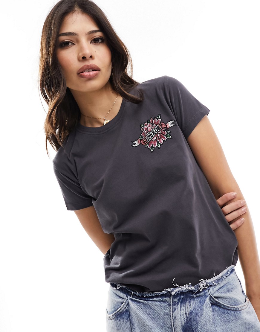 Superdry tattoo rhinestone fitted t-shirt in Charcoal-Grey