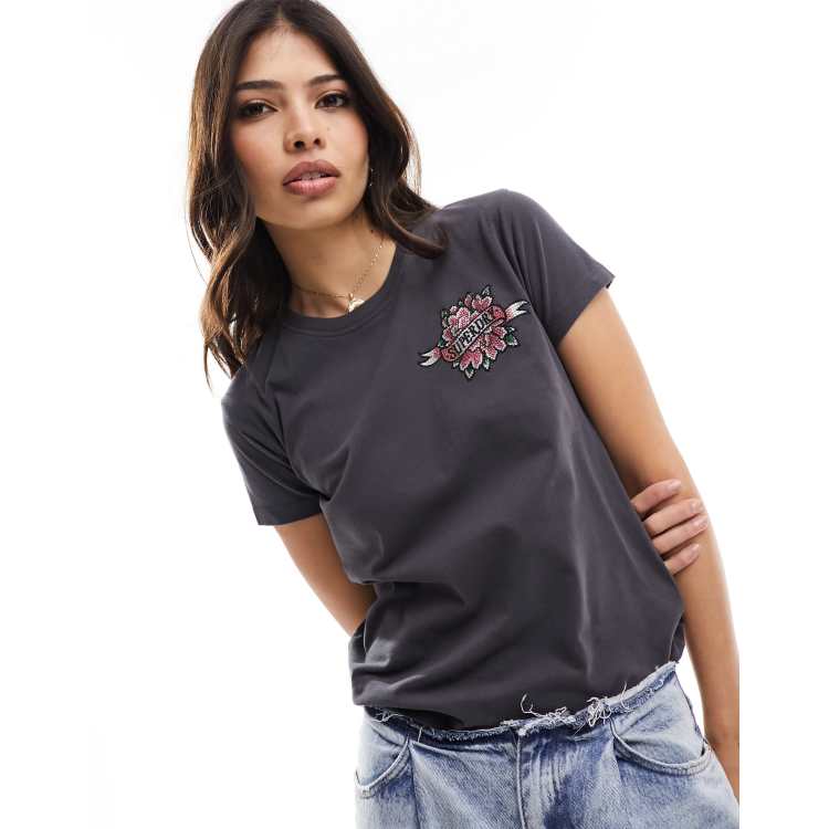 Superdry tattoo rhinestone fitted t-shirt in Charcoal