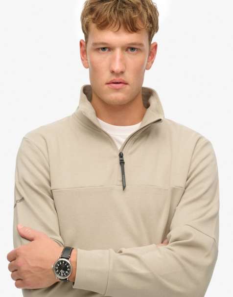 Superdry Tech loose half zip sweatshirt in stonewash taupe brown