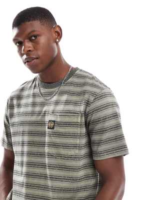 Superdry Textured stripe pocket t-shirt in washed olive stripe-Grey
