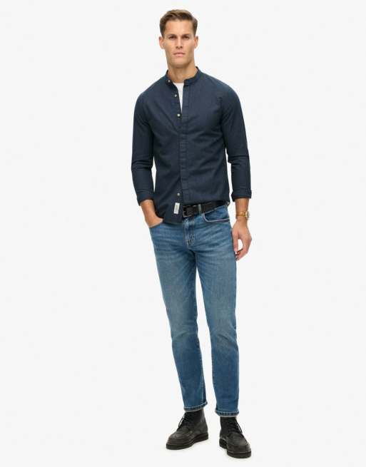 Superdry – The Merchant Store – Grandad-Hemd in Indigoblau mit mikrofeiner Struktur