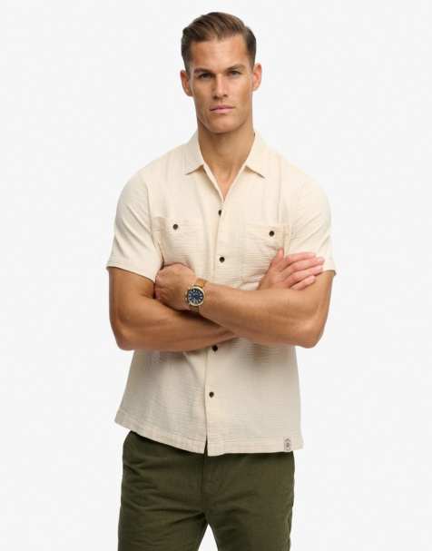 Superdry The merchant store - textured short sleeve shirt in oatmeal beige - view 1