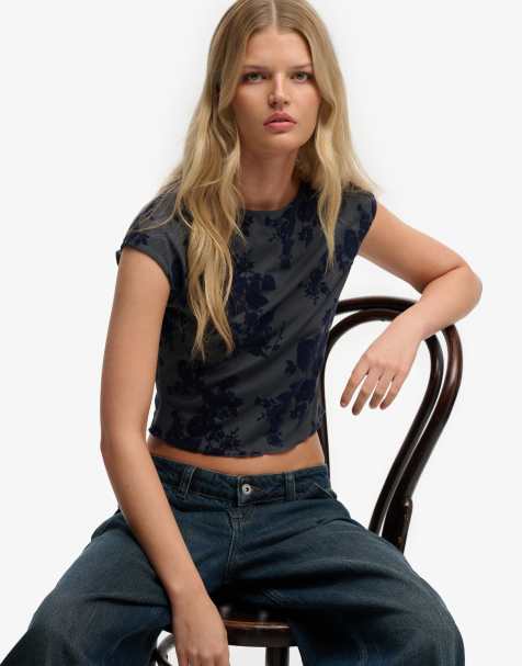 Superdry - Top à manches courtes en tulle floqué - Bleu nuit - view 1