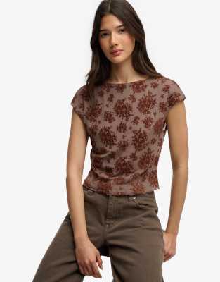 Top à manches courtes en tulle floqué - Marron clair 36