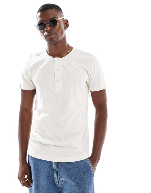 Superdry - Top à manches courtes et col grand-père - Crème nacré