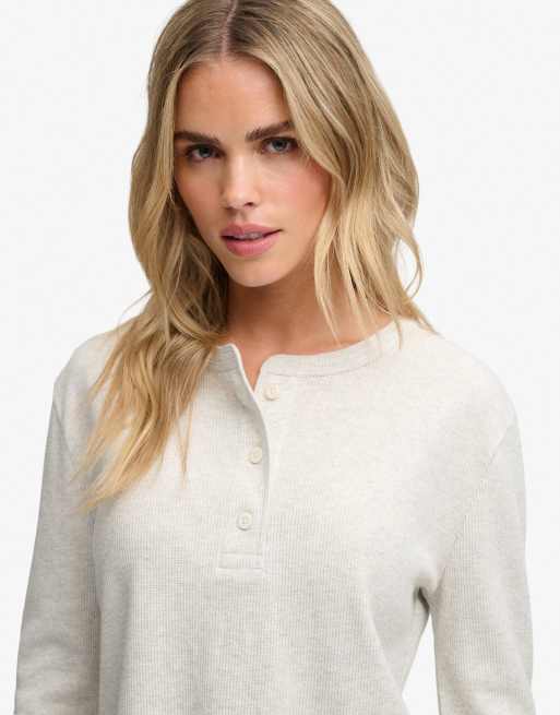 Superdry top à manches longues boutonné en maille gaufrée Athletic Essential, beige avoine chiné, 3 de 5