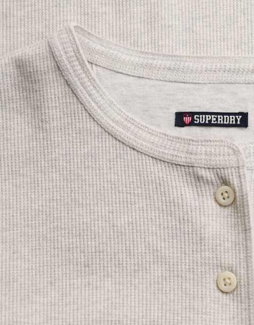 Superdry top à manches longues boutonné en maille gaufrée Athletic Essential, beige avoine chiné, 5 de 5