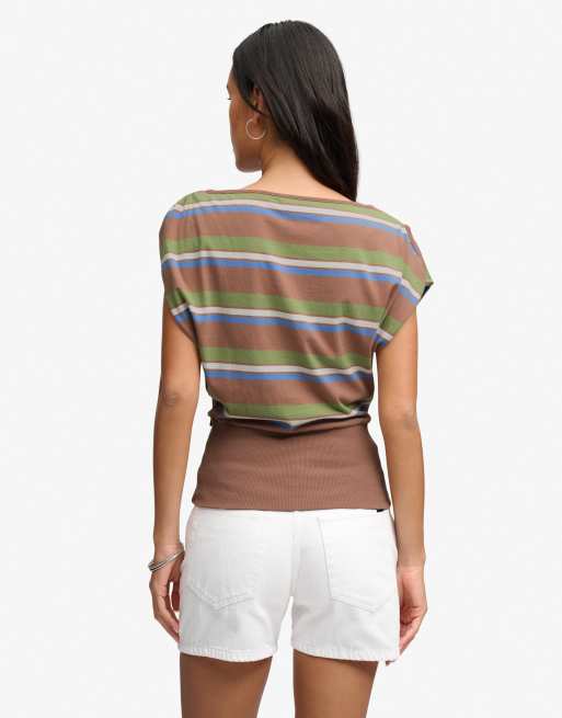 Superdry top bardot à côtes profondes à rayures marron et vert, 2 de 6